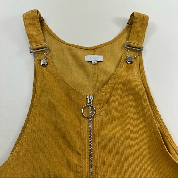 UNIF Mustard Yellow Corduroy Overall Mini Dress Women’s Medium Patch Pockets Zip - Picture 4 of 7